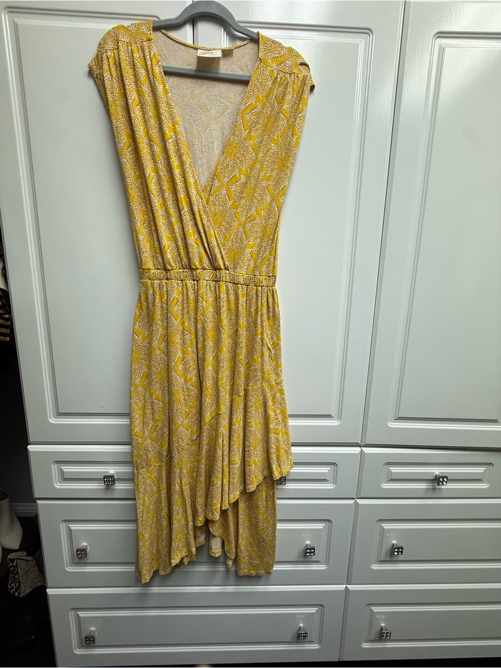 Anthropologie Yellow Patterned High-Low Dress Small